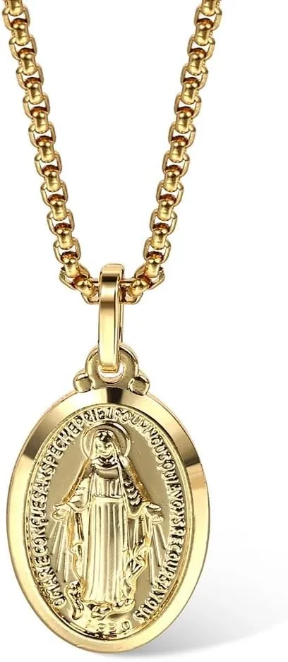 18K Yellow Gold virgen de guadalupe necklace Religious Jewelry Our Lady Virgin Mary Pendant Necklaces for Charms Women Men Accessories Chains Vintage Colar Medalla De la Virgen Milagrosa Virgencita