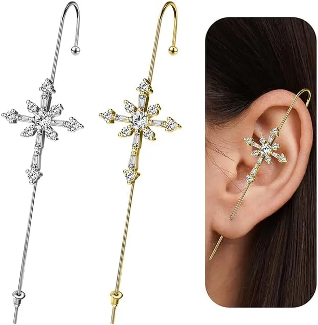 1Pair Ear Wrap Crawler Earrings Ear Cuff Earring for Women Ear Pins Helix Hook Wrap Snowflake Rhinestone Lightning Long Piercing Jewelry, Gold & Silver, 9