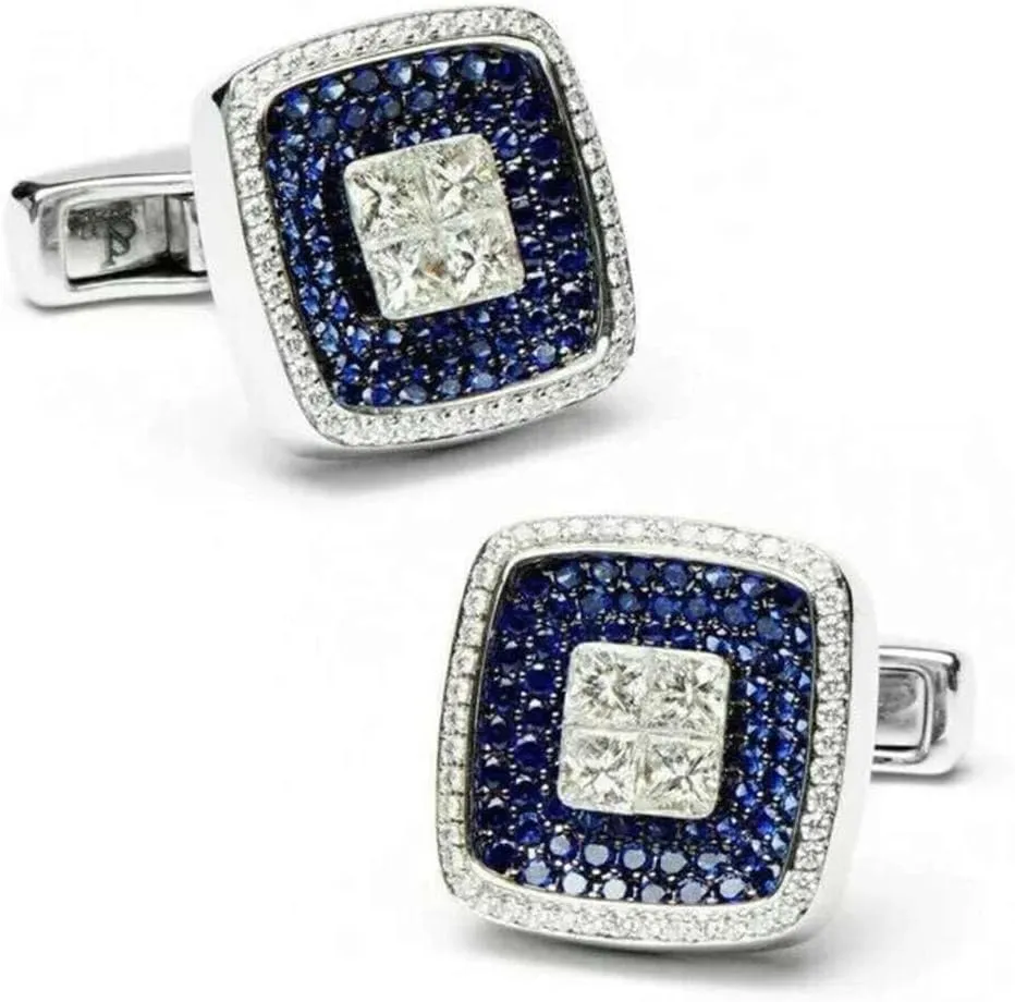 2.00CT Round Cut Blue Sapphire 925 Silver Men's Wedding Cufflink In 14k White Gold Plated