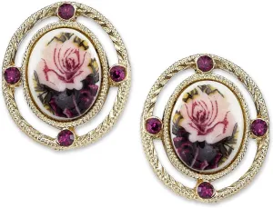 2028 Jewelry Women's 14K Gold Dipped Purple And Ivory Color Floral Manor House Oval Button Earrings