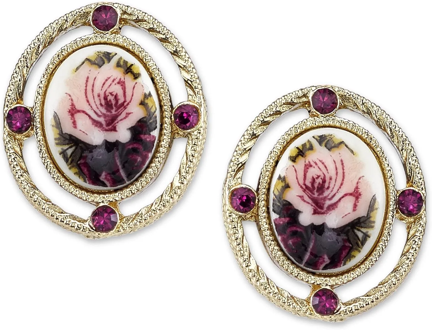 2028 Jewelry Women's 14K Gold Dipped Purple And Ivory Color Floral Manor House Oval Button Earrings