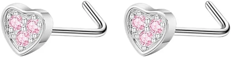 2Pcs 20G CZ Heart L-Shaped Nose Studs Rings for Women Cute Surgical Stainless Steel Nose Rings Studs Small L Bend Screws Nostril Piercing Jewelry