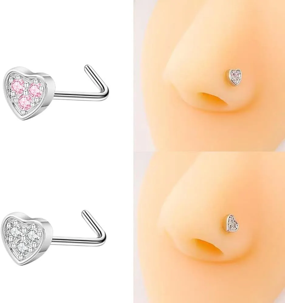 2Pcs 20G CZ Heart L-Shaped Nose Studs Rings for Women Cute Surgical Stainless Steel Nose Rings Studs Small L Bend Screws Nostril Piercing Jewelry