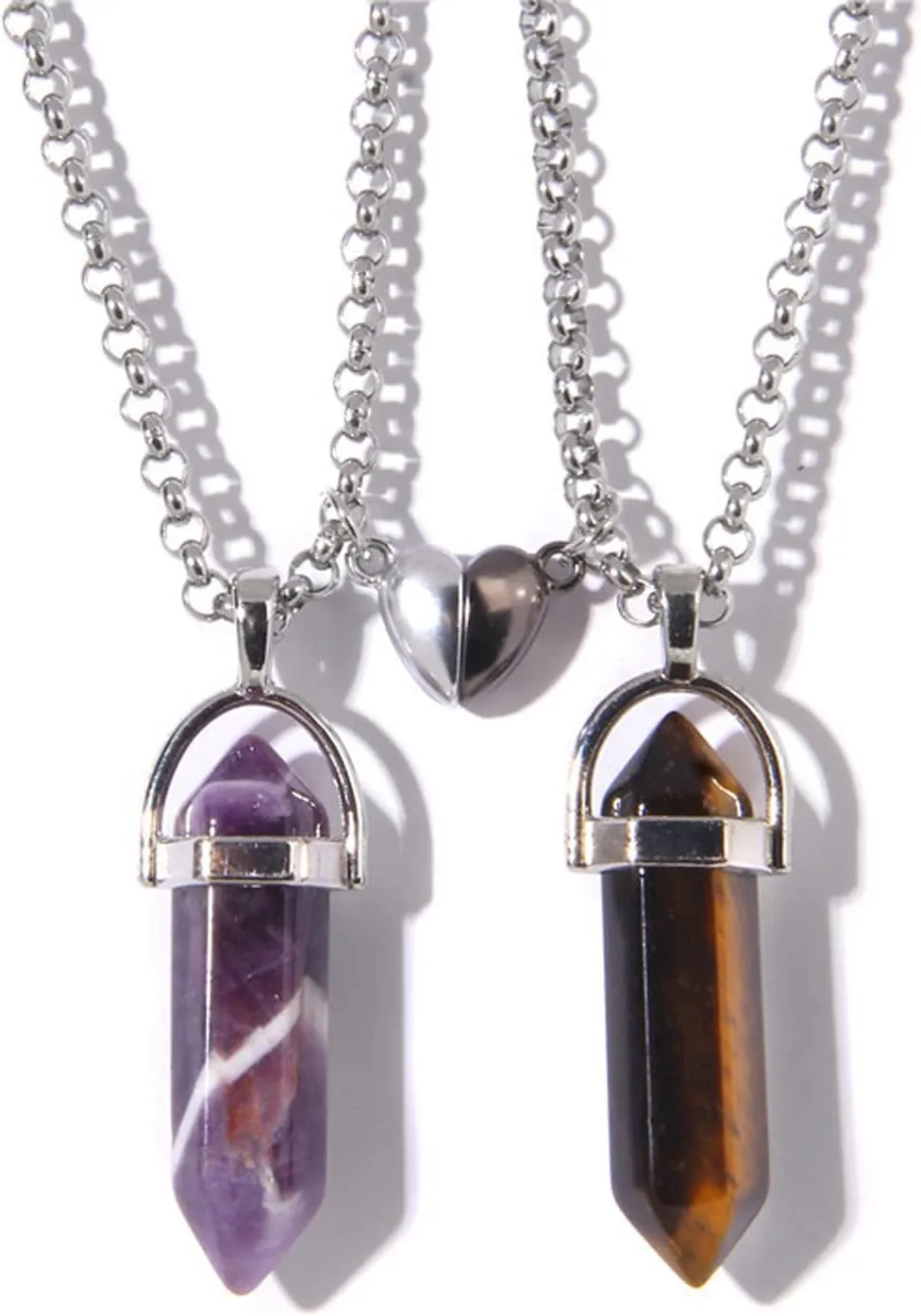 2Pcs Colorful Hexagonal Pointed Quartz Crystal Mutual Attraction Magnetic Heart Pendant Adjustable Necklace Friendship Couple Sweet Gifts for Women