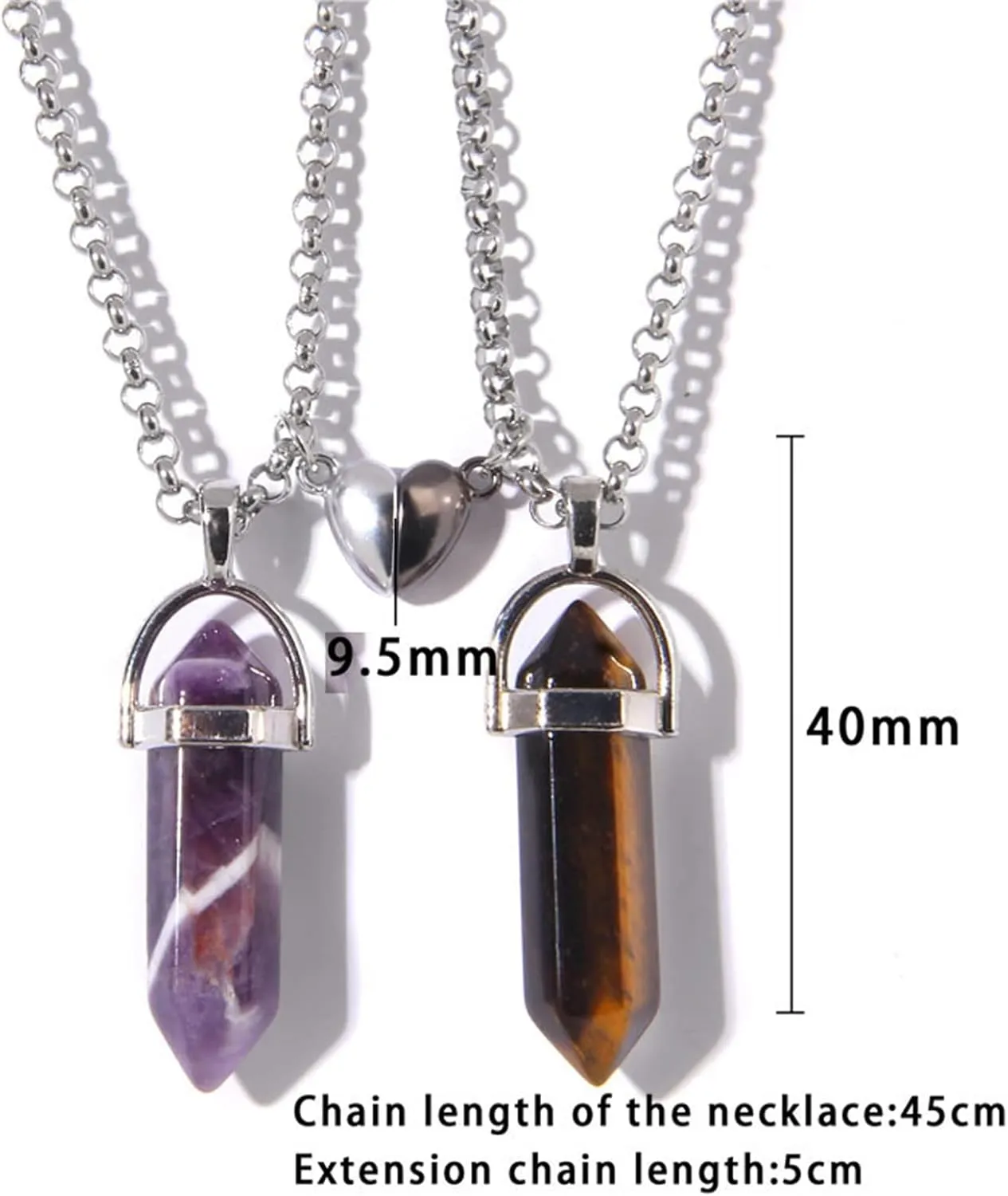 2Pcs Colorful Hexagonal Pointed Quartz Crystal Mutual Attraction Magnetic Heart Pendant Adjustable Necklace Friendship Couple Sweet Gifts for Women