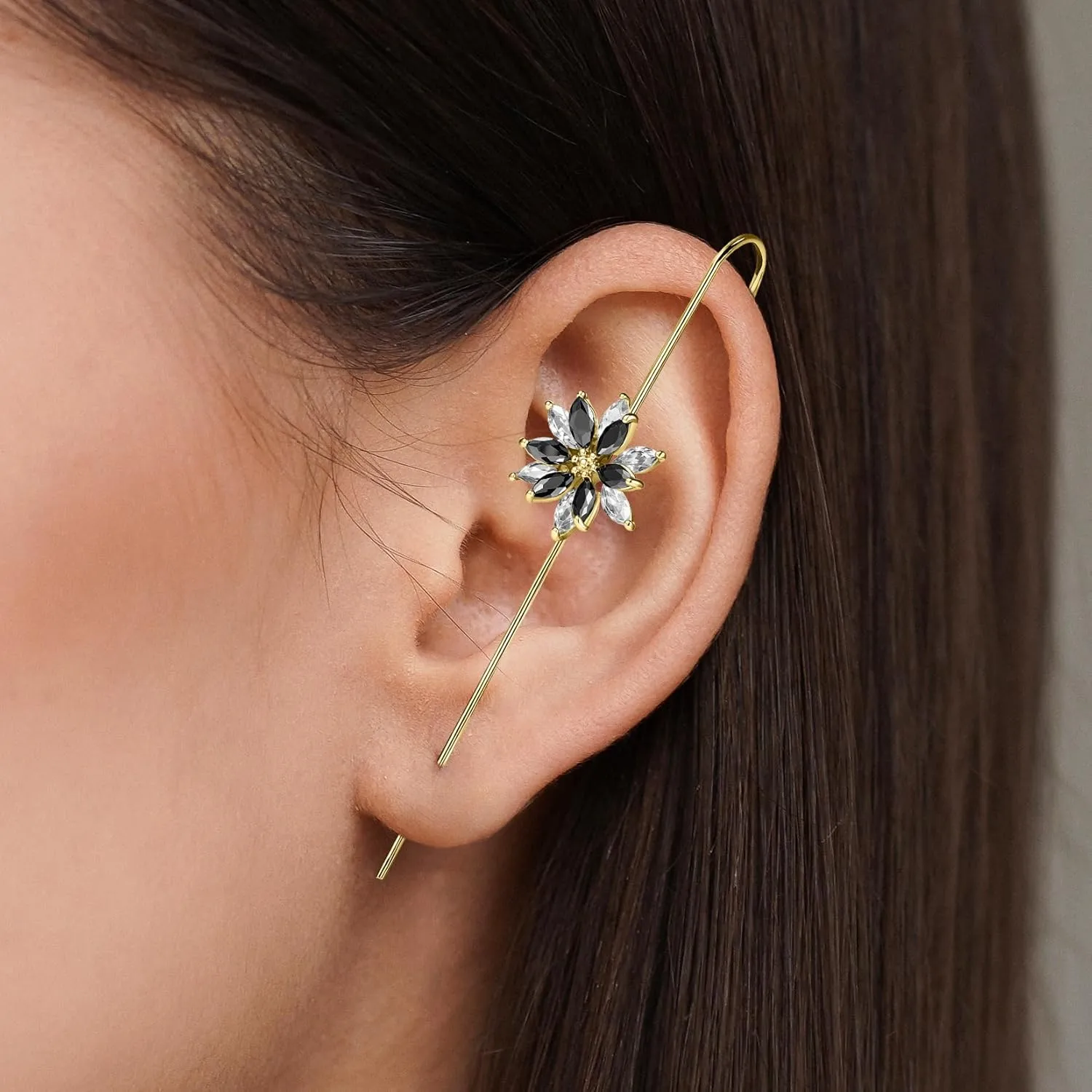 2PCS Ear Wrap Crawler Earrings Cuff for Women Helix Hook Wrap Snowflake Rhinestone Lightning Long Piercing Jewelry, Gold & Silver