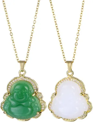 2Pcs Lucky Laughing Buddha Pendant Necklace Set Adjustable Stainless Steel Link Chain Cubic Zirconia Bead Buddhist Necklace for Women Men Amulet Good Luck Protection Jewelry Gift