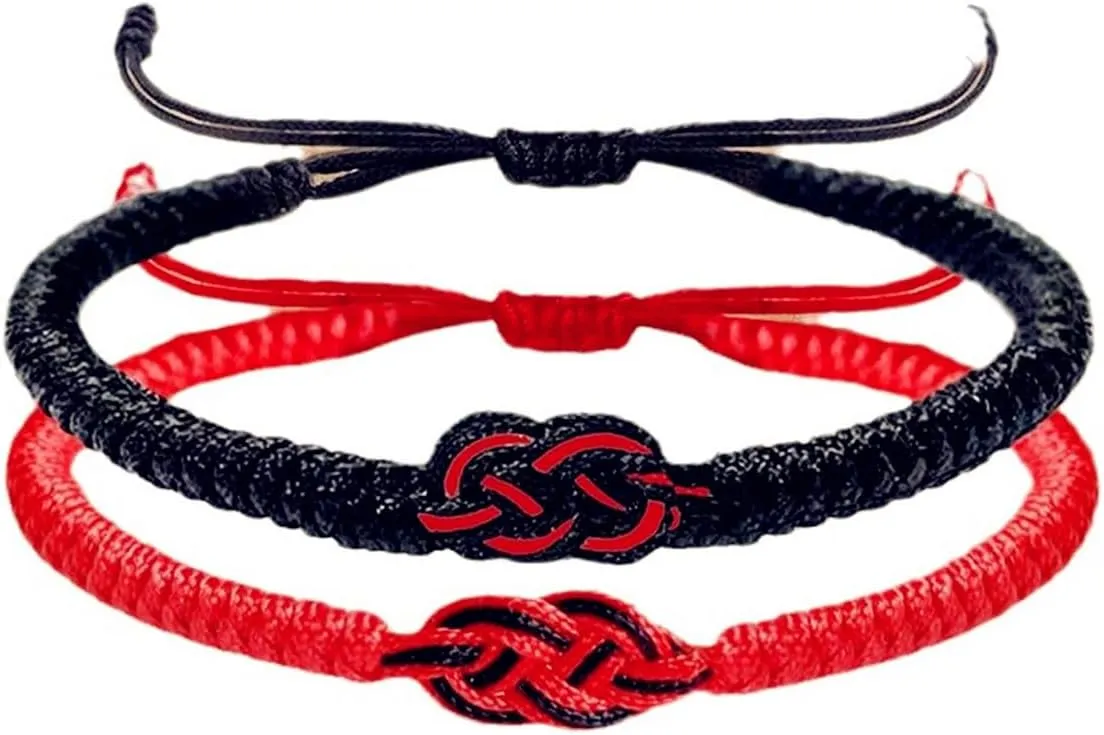 2pcs Tibetan Lucky Bracelet Handmade Amulet Knot Woven Red Black String Rope Protection Bracelets for Women Men BFF Friendship Couples Family Birthday Mothers Day Christmas Fashion Jewelry Gifts
