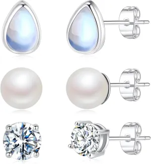 3 Pairs Pearl Opal Cubic Zirconia Earrings for Women, Men Sliver Stud Earrings Set Timeless Elegance for Every Look