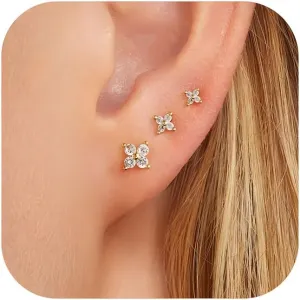 3 Pcs Cubic Zirconia Gold Stud Earrings for Women 14K Gold Plated Small CZ Stud Earrings Cartilage Tragus Earrings Stacks Set Multiple Piercing Jewelry
