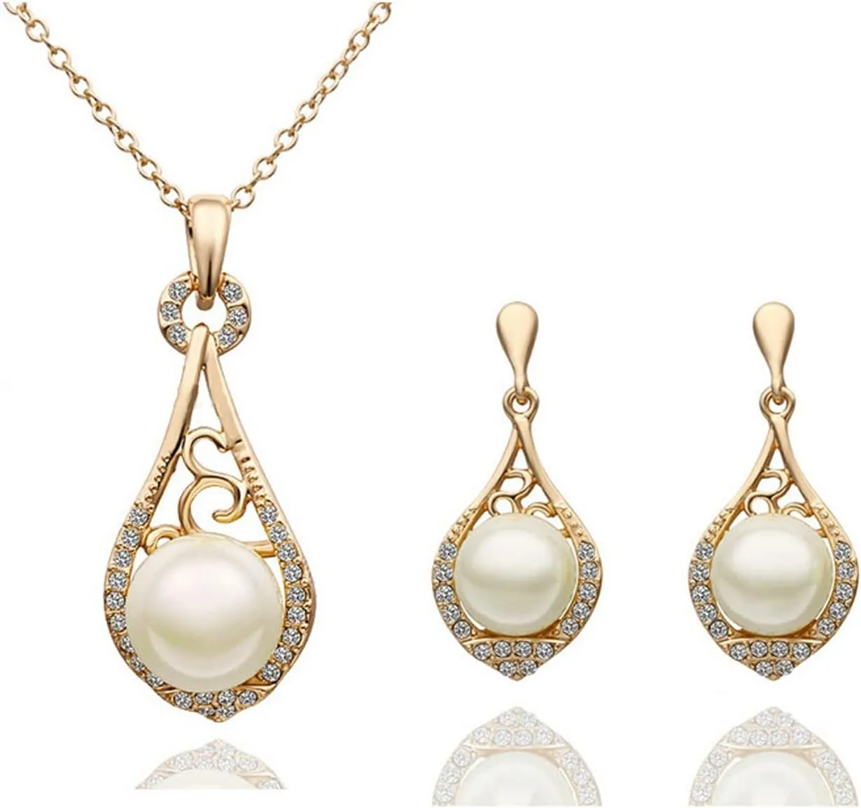 3 Pieces Fashion Women Pearl Bride Necklace Earrings Set Jewelry Pendant for Women Wedding Party Meet Jewellery Gift (Gold)