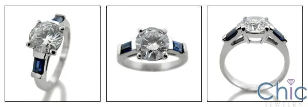 3 Stone 2.25 Round Diamond Color Center Sapphire Blue Baguettes Channel Cubic Zirconia Cz Ring