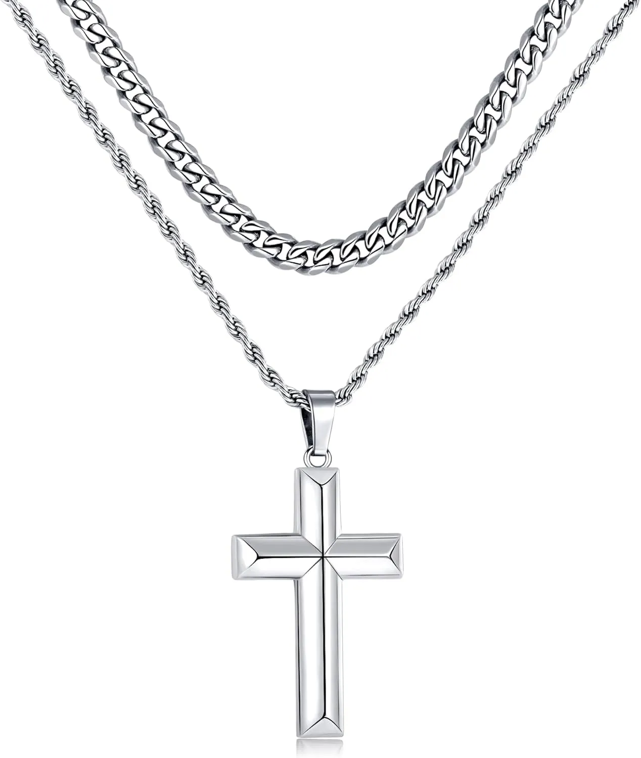316 Stainless Steel Cross Necklace for Men, Cuban Link Chain Beveled Edge High Polished Gift, 2Pcs Layered Cross Necklace Mens Jewelry