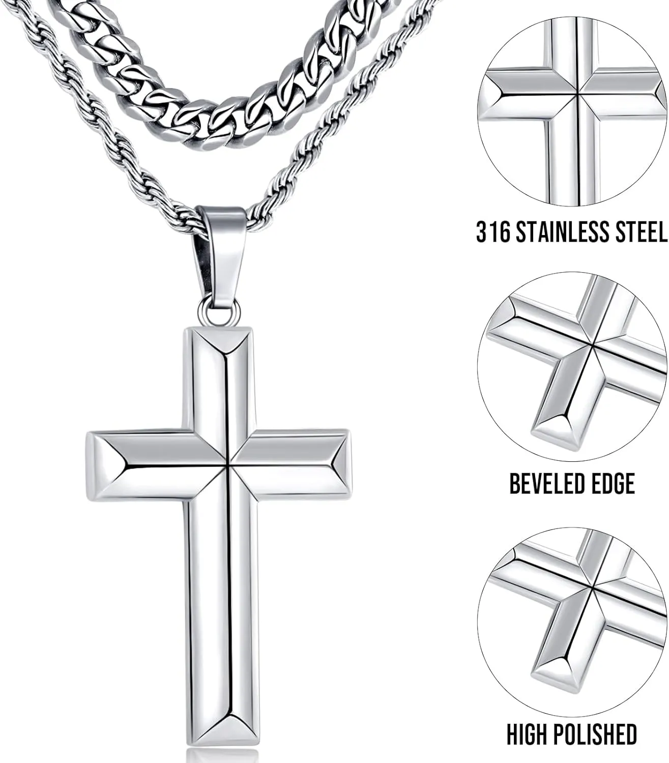 316 Stainless Steel Cross Necklace for Men, Cuban Link Chain Beveled Edge High Polished Gift, 2Pcs Layered Cross Necklace Mens Jewelry