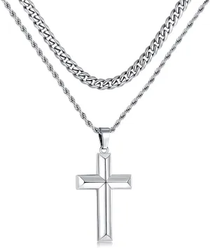 316 Stainless Steel Cross Necklace for Men, Cuban Link Chain Beveled Edge High Polished Gift, 2Pcs Layered Cross Necklace Mens Jewelry
