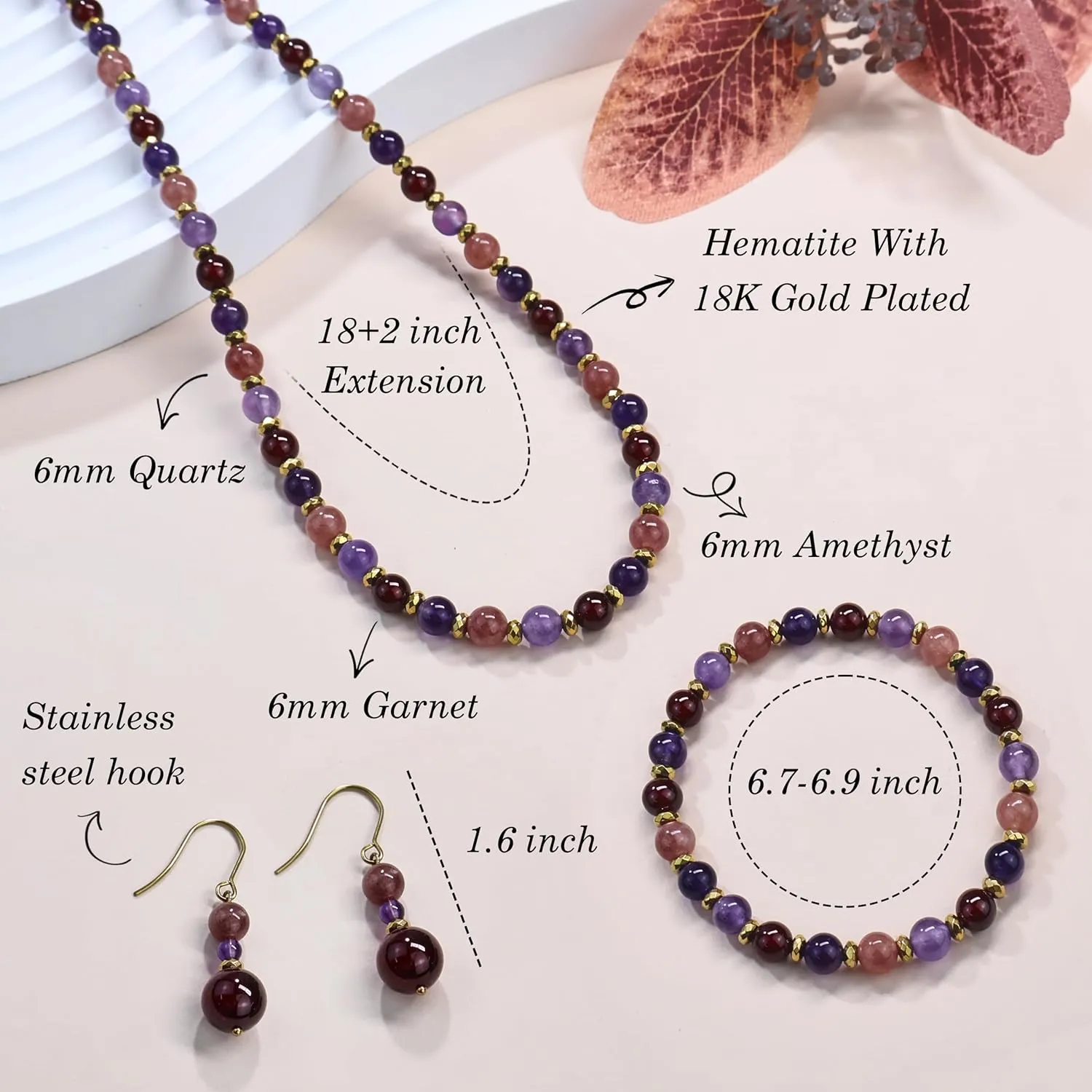 3PCS Colorful/BOHO Jewelry Sets for Women,Natural Genuine Stone Beaded Necklace Bracelet Set,Beaded Drop Earring for Women,Stunning Gemstones Pastel Beaded Set,Dainty Cute Jewelry Set Gifts