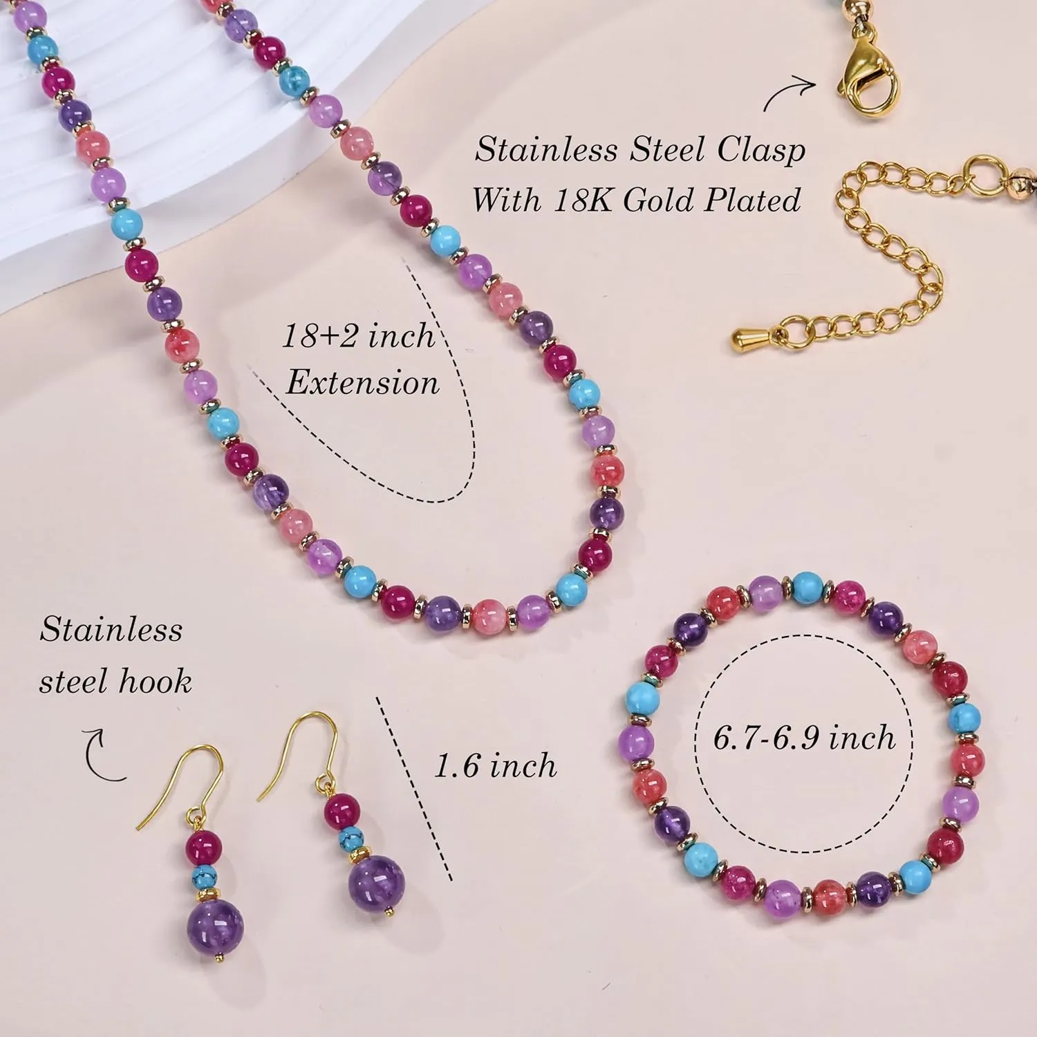 3PCS Colorful/BOHO Jewelry Sets for Women,Natural Genuine Stone Beaded Necklace Bracelet Set,Beaded Drop Earring for Women,Stunning Gemstones Pastel Beaded Set,Dainty Cute Jewelry Set Gifts