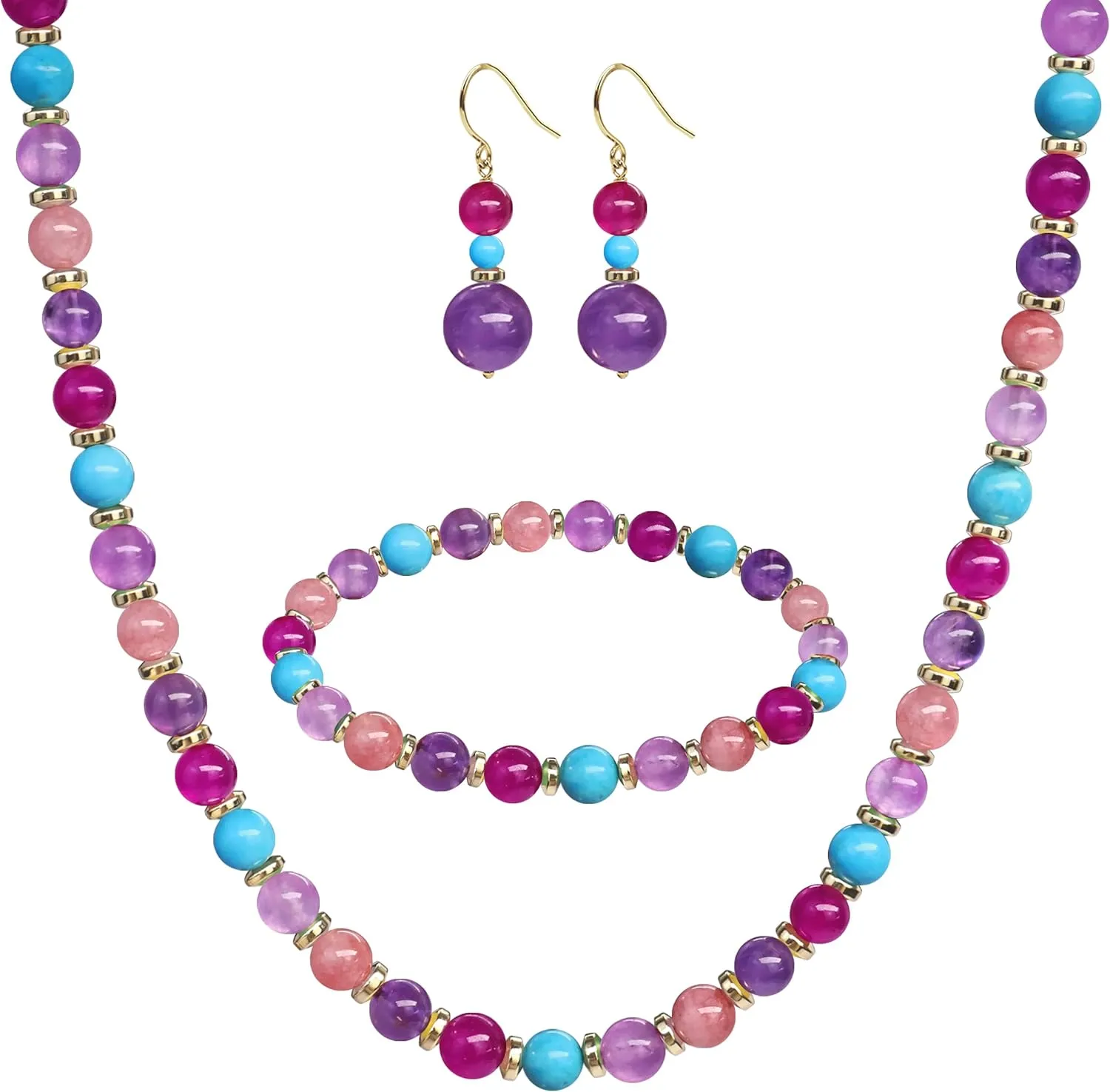 3PCS Colorful/BOHO Jewelry Sets for Women,Natural Genuine Stone Beaded Necklace Bracelet Set,Beaded Drop Earring for Women,Stunning Gemstones Pastel Beaded Set,Dainty Cute Jewelry Set Gifts