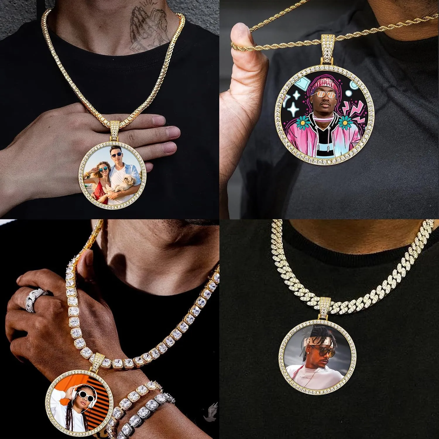 3UMeter Personalized Oversized Circle Chain Big Pendant Custom Chain Necklace with Picture inside Large Photo Necklace with Cubic Zirconia Iced out Hip Hop Jewelry Gift