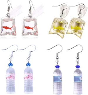 4 Pairs Funny Acrylic Goldfish and Water Bottle Pendant Earrings, Water Bag Shape Dangle Hook Earrings for Women Bohemian Creative Unique