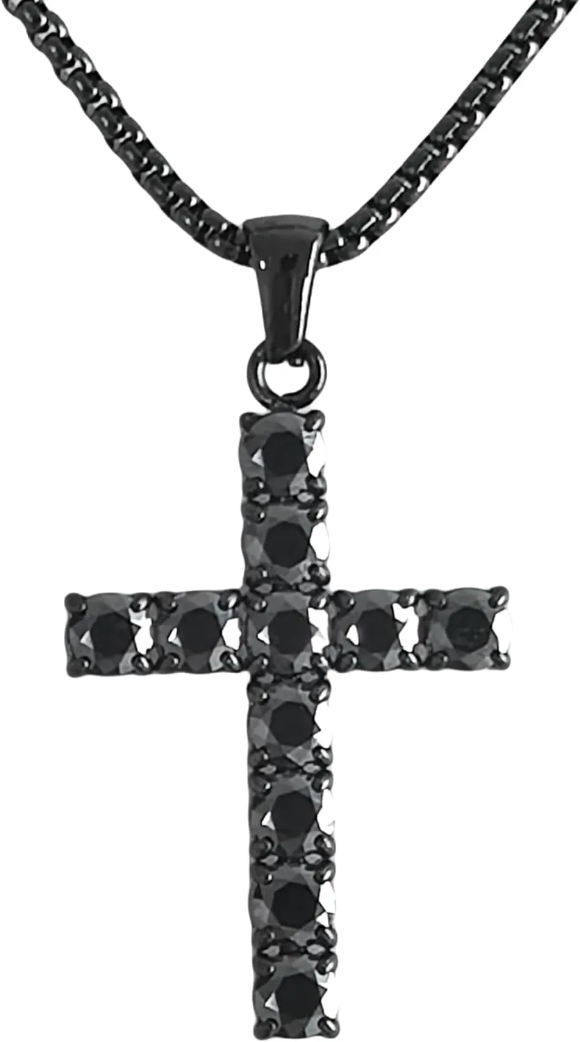 4/5mm Black Moissanite Necklace for Men Women Diamond Cross Pendant Necklaces Stainless Steel Chain Christian Reiligous Jewelry Gifts for Fathers Day Birthday Anniversary