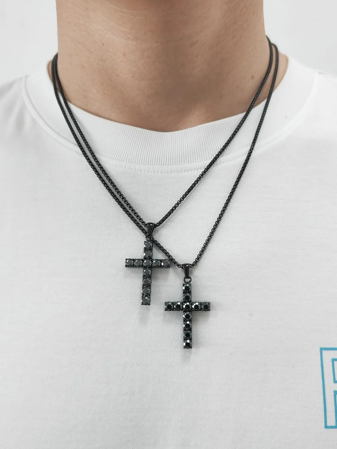 4/5mm Black Moissanite Necklace for Men Women Diamond Cross Pendant Necklaces Stainless Steel Chain Christian Reiligous Jewelry Gifts for Fathers Day Birthday Anniversary