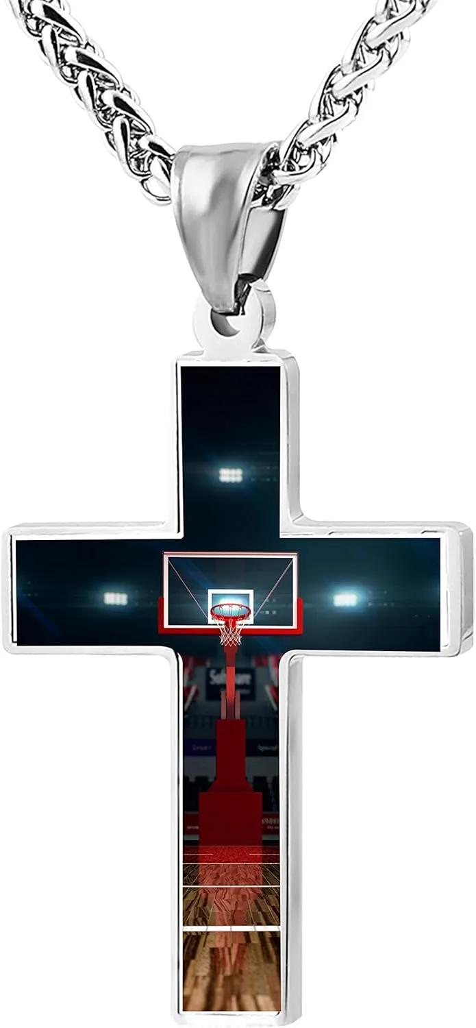 54RHD5BT1D Unique Metal Basketball Court Belief Zinc Alloy Stainless Steel Necklace Silver Cross Pendants Religious Jewelry
