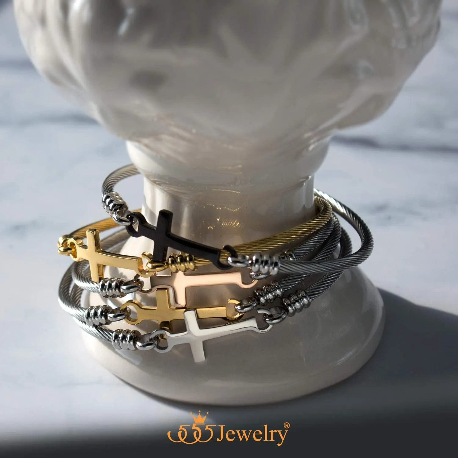 555Jewelry Stainless Steel Metal Religious Cross Clasp Men Bangle Women Bracelet