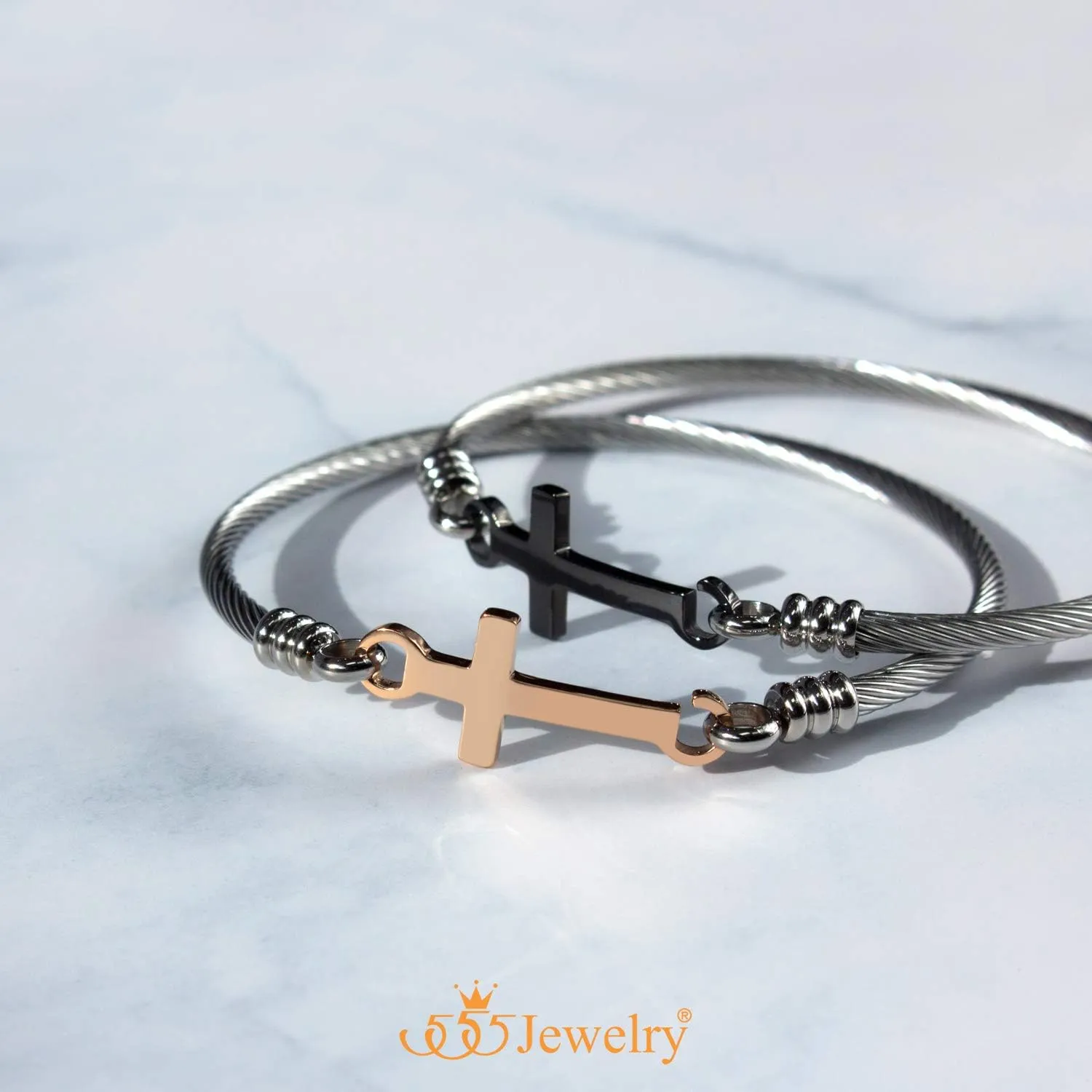 555Jewelry Stainless Steel Metal Religious Cross Clasp Men Bangle Women Bracelet