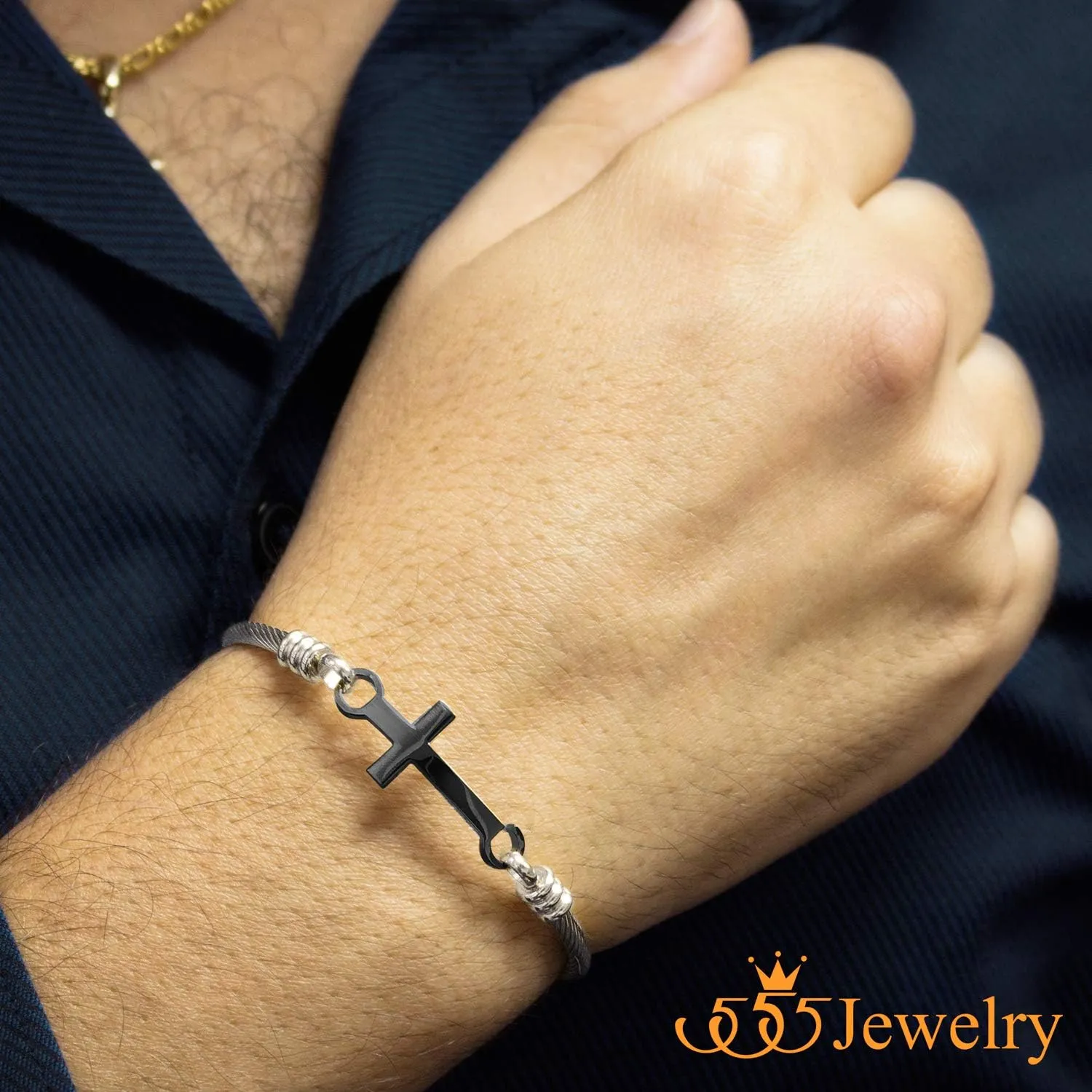 555Jewelry Stainless Steel Metal Religious Cross Clasp Men Bangle Women Bracelet