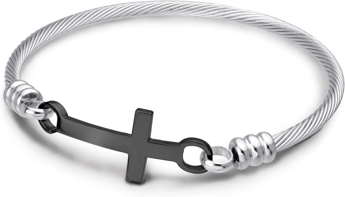 555Jewelry Stainless Steel Metal Religious Cross Clasp Men Bangle Women Bracelet
