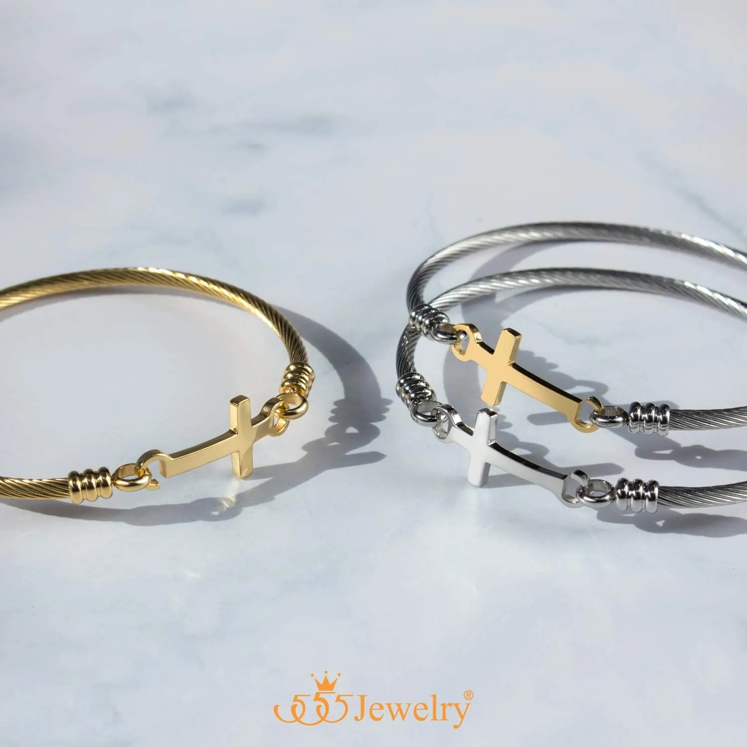 555Jewelry Stainless Steel Metal Religious Cross Clasp Men Bangle Women Bracelet