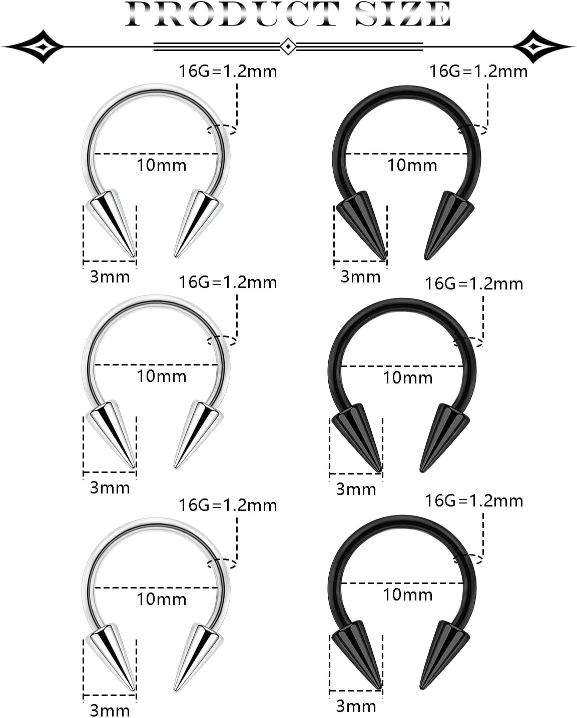 6Pcs Long Spike Septum Rings 16G Surgical Steel Snake Bite Jewelry Lip Rings Smiley Piercing Jewelry for Women Men 8mm 10mm