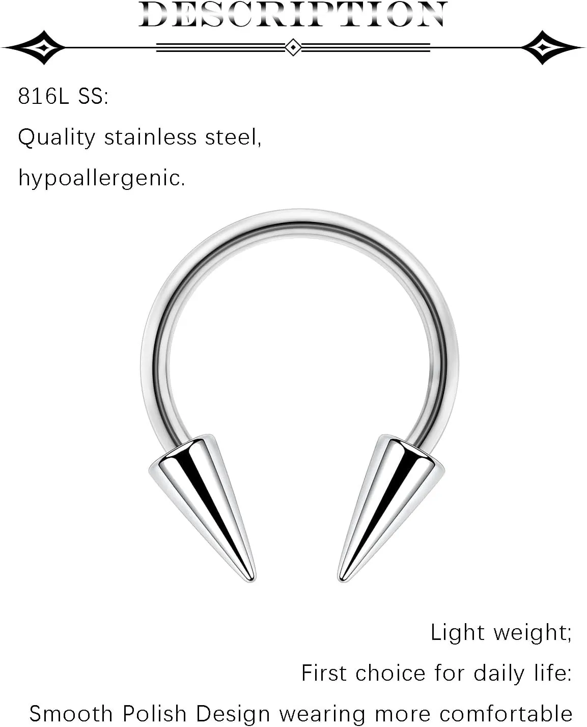 6Pcs Long Spike Septum Rings 16G Surgical Steel Snake Bite Jewelry Lip Rings Smiley Piercing Jewelry for Women Men 8mm 10mm