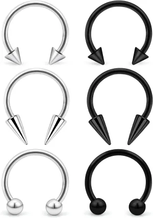 6Pcs Septum Rings 16G Surgical Steel Snake Bite Jewelry Long Spike Horseshoe Lip Rings Smiley Piercing Jewelry for Women Men 8mm 10mm