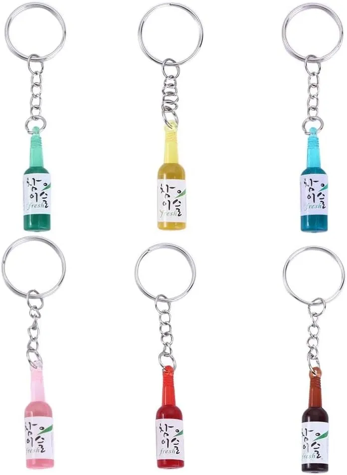 6PCS Simulation Soju Cans Keychains Fashion Drink Soju Bottle Keychain 6 Colors Resin Beer Wine Trinket Women Keyring Bag Decor Pendant Jewelry
