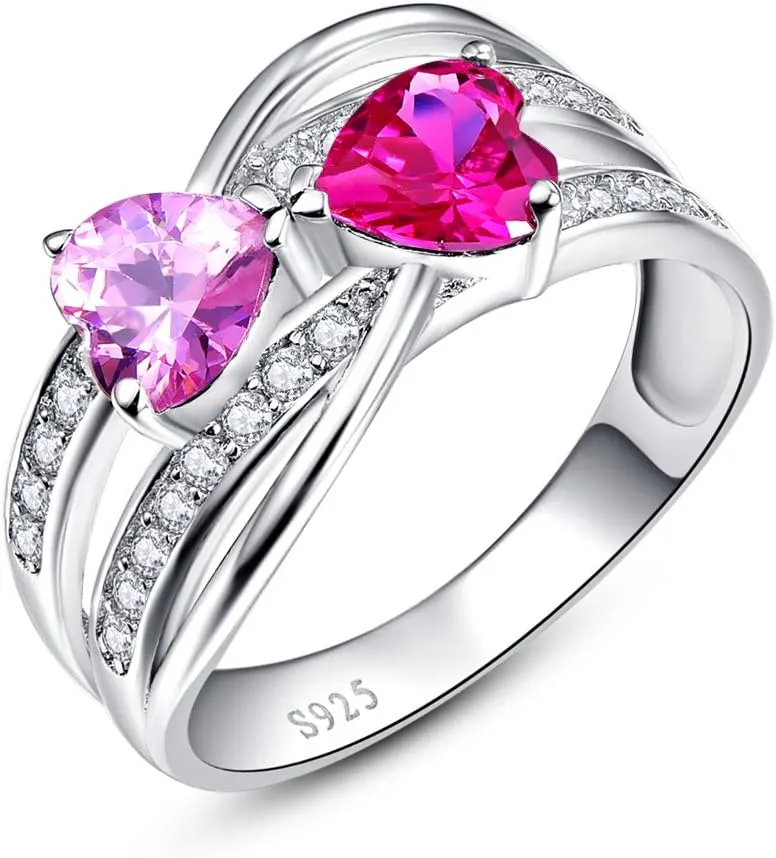 6x6mm Heart Shape Simulated Mystic Rainbow Topaz 925 Sterling Silver Double Heart Promise Ring for Women