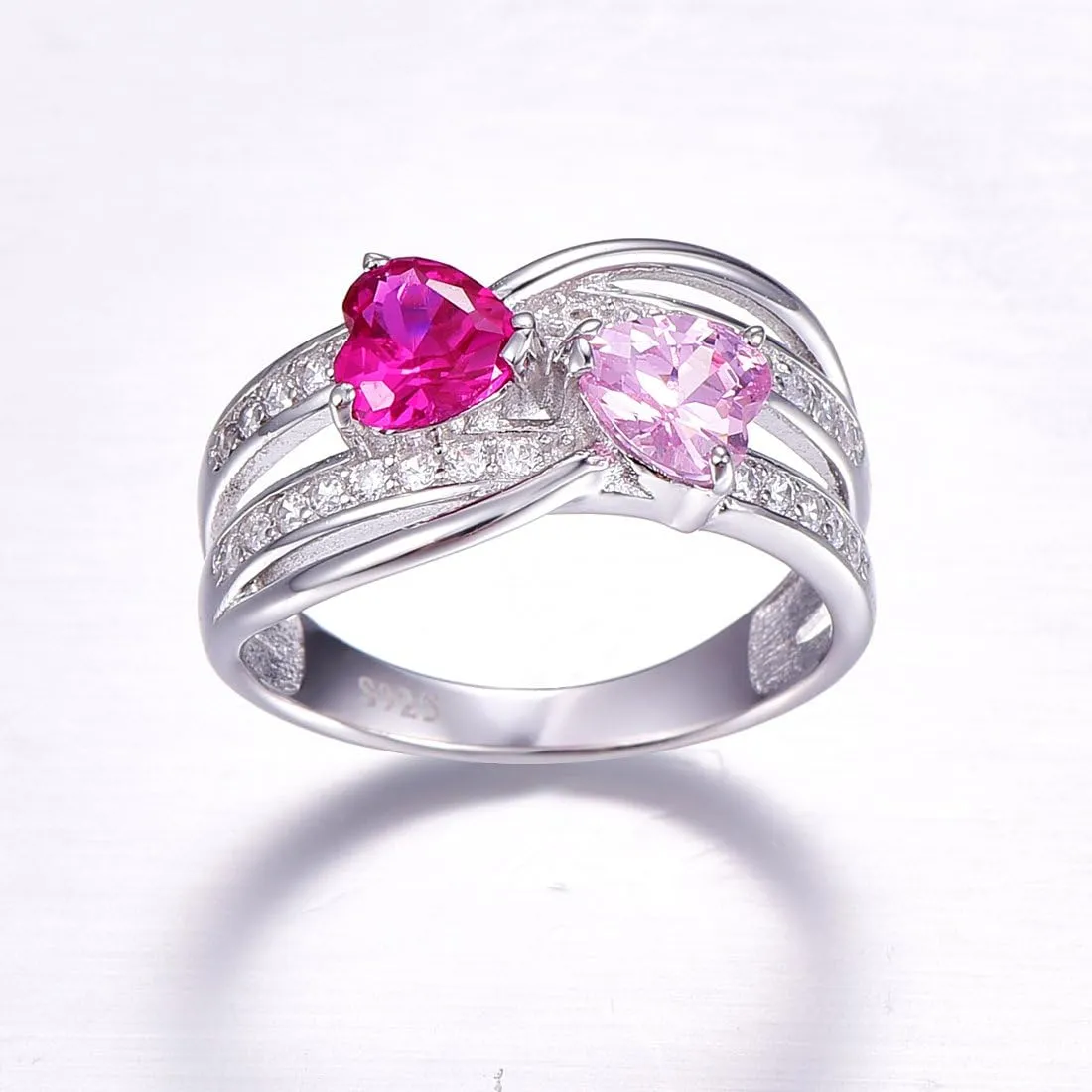 6x6mm Heart Shape Simulated Mystic Rainbow Topaz 925 Sterling Silver Double Heart Promise Ring for Women