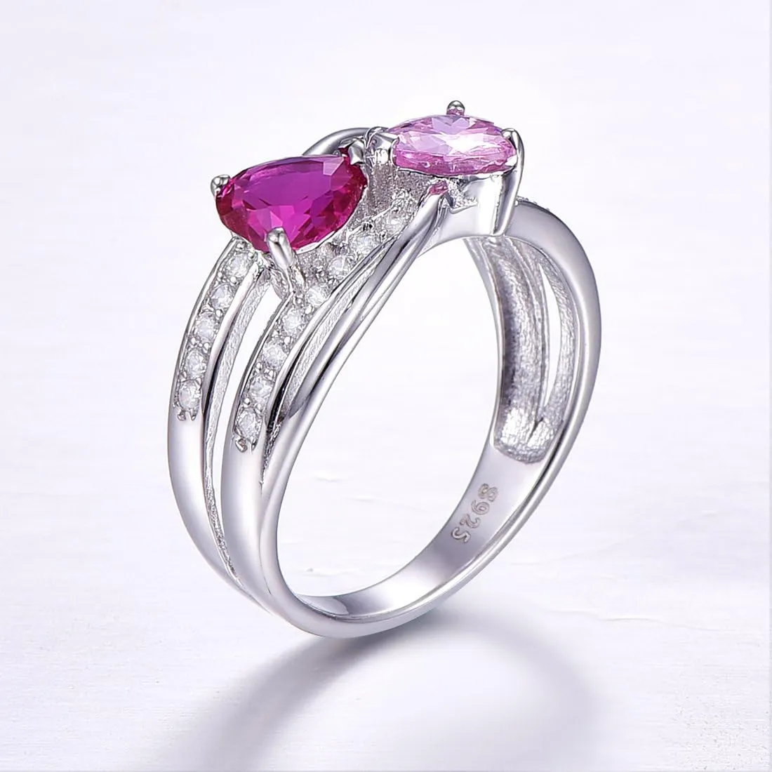 6x6mm Heart Shape Simulated Mystic Rainbow Topaz 925 Sterling Silver Double Heart Promise Ring for Women