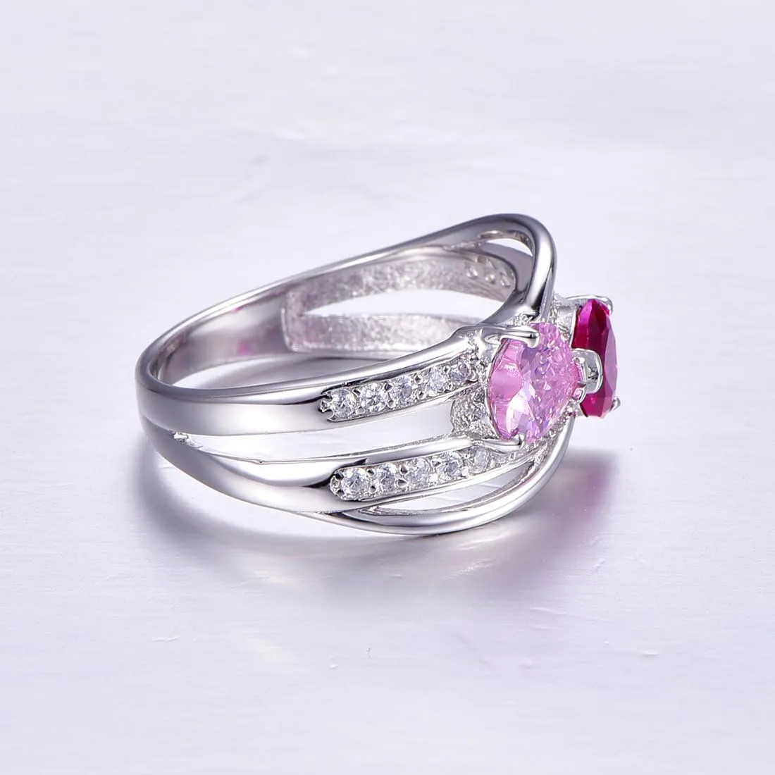 6x6mm Heart Shape Simulated Mystic Rainbow Topaz 925 Sterling Silver Double Heart Promise Ring for Women