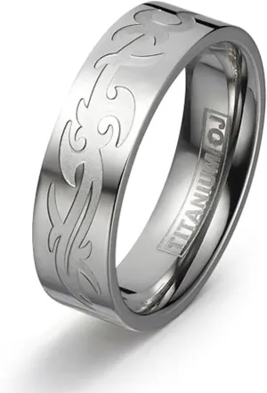 7mm Titanium Wedding Rings for Couples Polished Surface with Carved Tribal Pattern Engraving Service Comfort Fit SZ 5-12