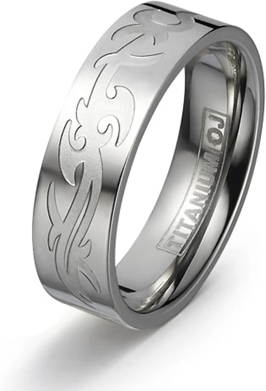 7mm Titanium Wedding Rings for Couples Polished Surface with Carved Tribal Pattern Engraving Service Comfort Fit SZ 5-12
