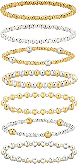 7Pcs Gold Bracelets for Women Gold Plated Beaded Bracelet Elastic Stretch Bead Ball Stack Set Stretchable Adjustable Gold Jewelry Gifts