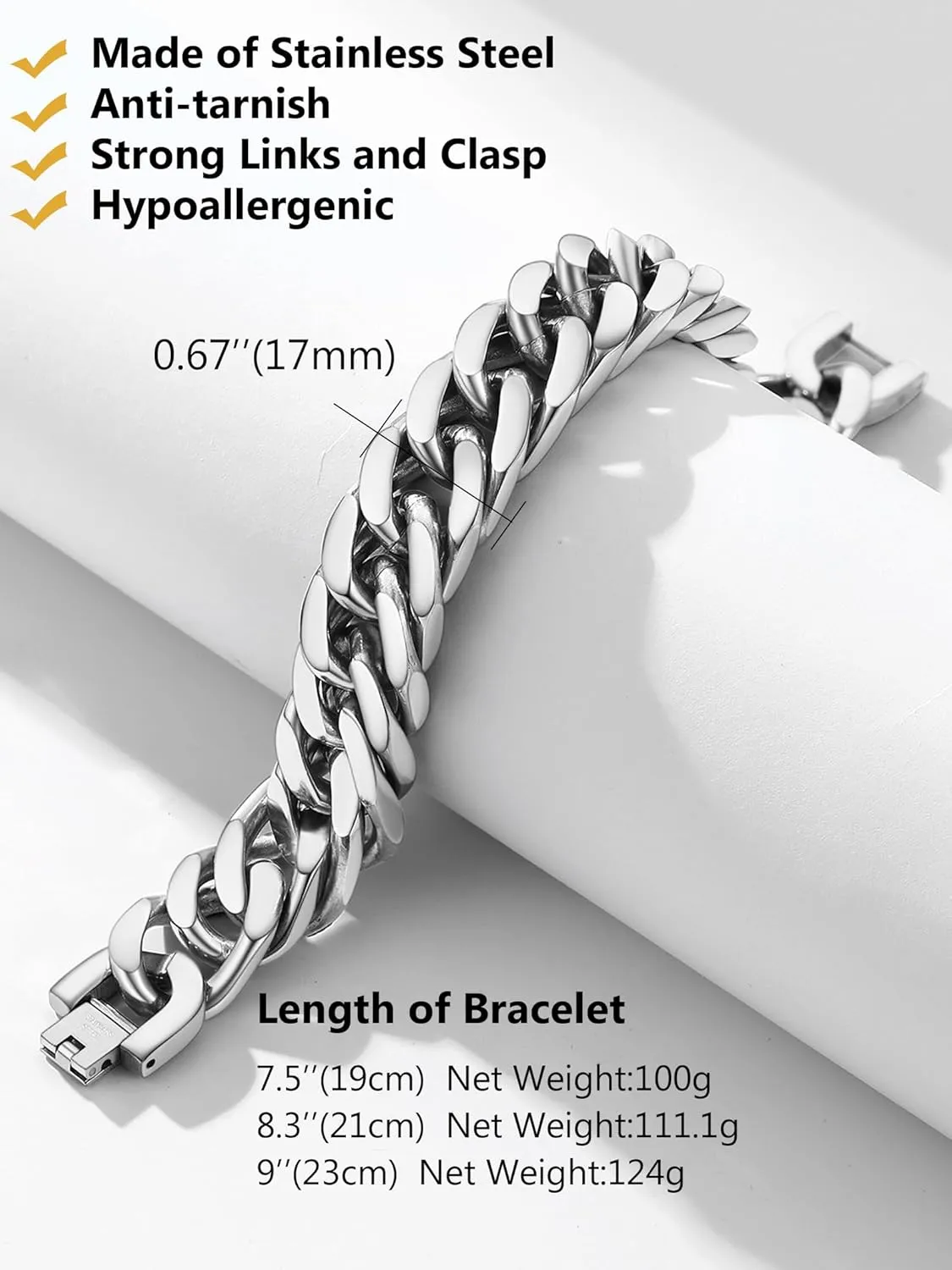 8/12/17mm Wide Cuban Link Bracelet for Men Father Gift 18K Gold/Black Plated Stainless Steel Bracelets 7.4-9 Inches(Gift Wrapped)