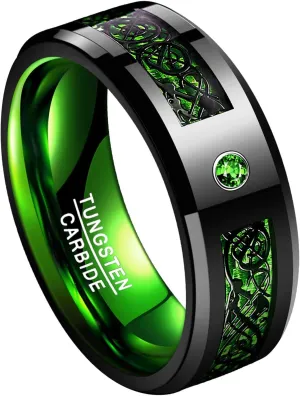 8mm Black Celtic Dragon Tungsten Carbide Wedding Ring with Green Carbon Fiber and CZ Inlay Polished Finish Beveled Edge Size 6-16