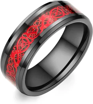 8mm Black Tungsten Carbide Ring for Men Women Red Carbon Fiber Celtic Dragon Inlay Knot Promise Wedding Band Beveled Edges Polished Comfort Fit