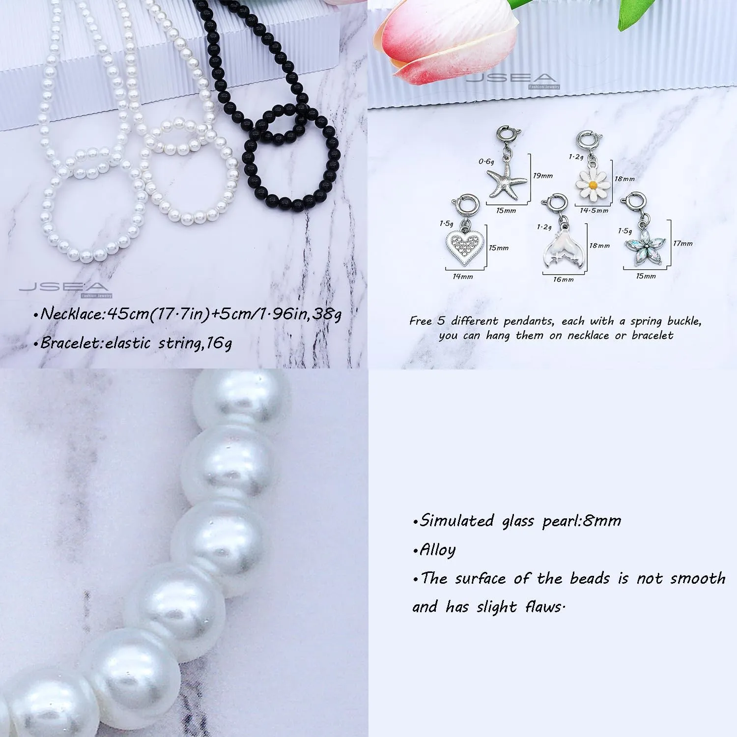 8mm Faux Pearl Necklace Elastic Bracelet Jewelry Set Beige White Pink Fake Pearl Jewelry