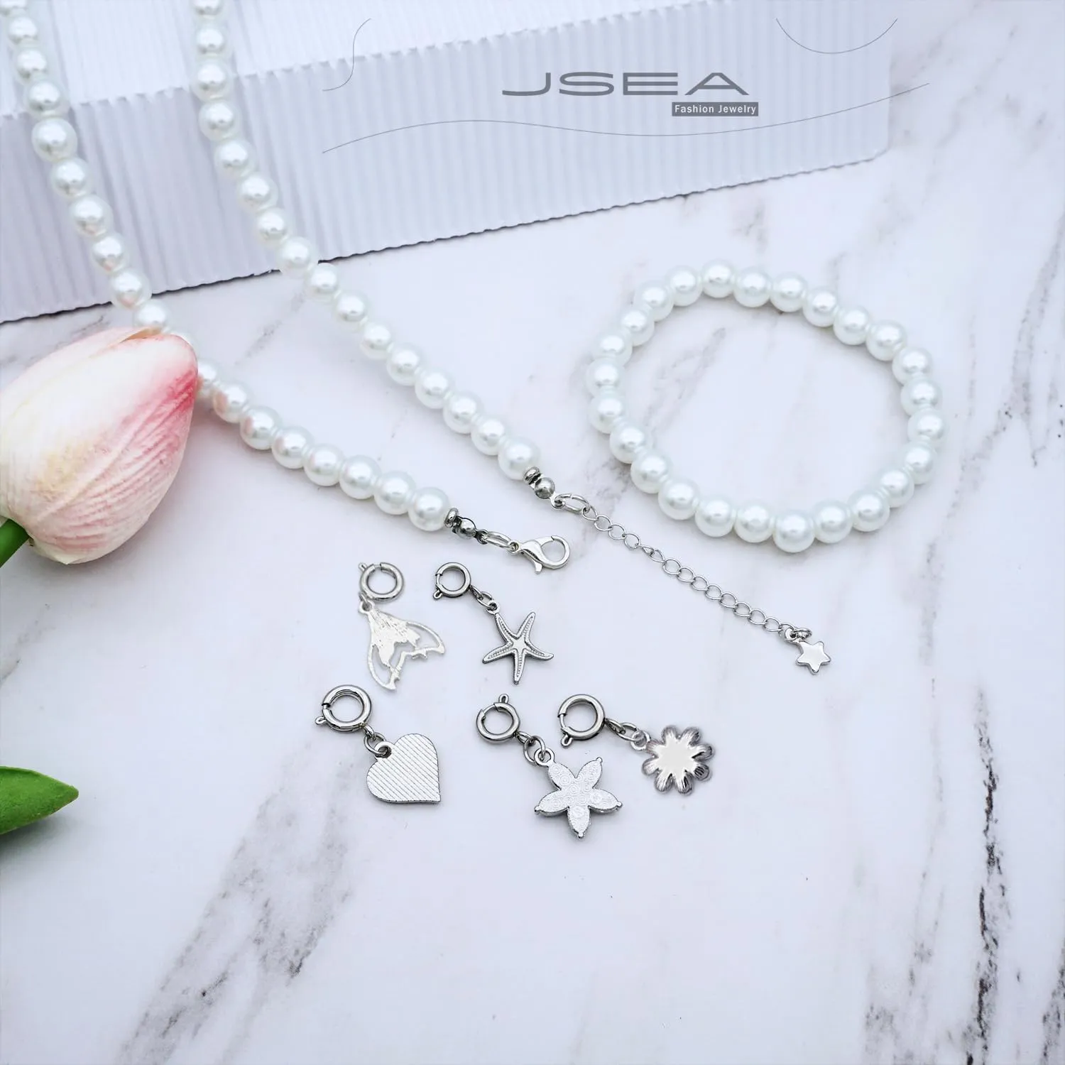 8mm Faux Pearl Necklace Elastic Bracelet Jewelry Set Beige White Pink Fake Pearl Jewelry