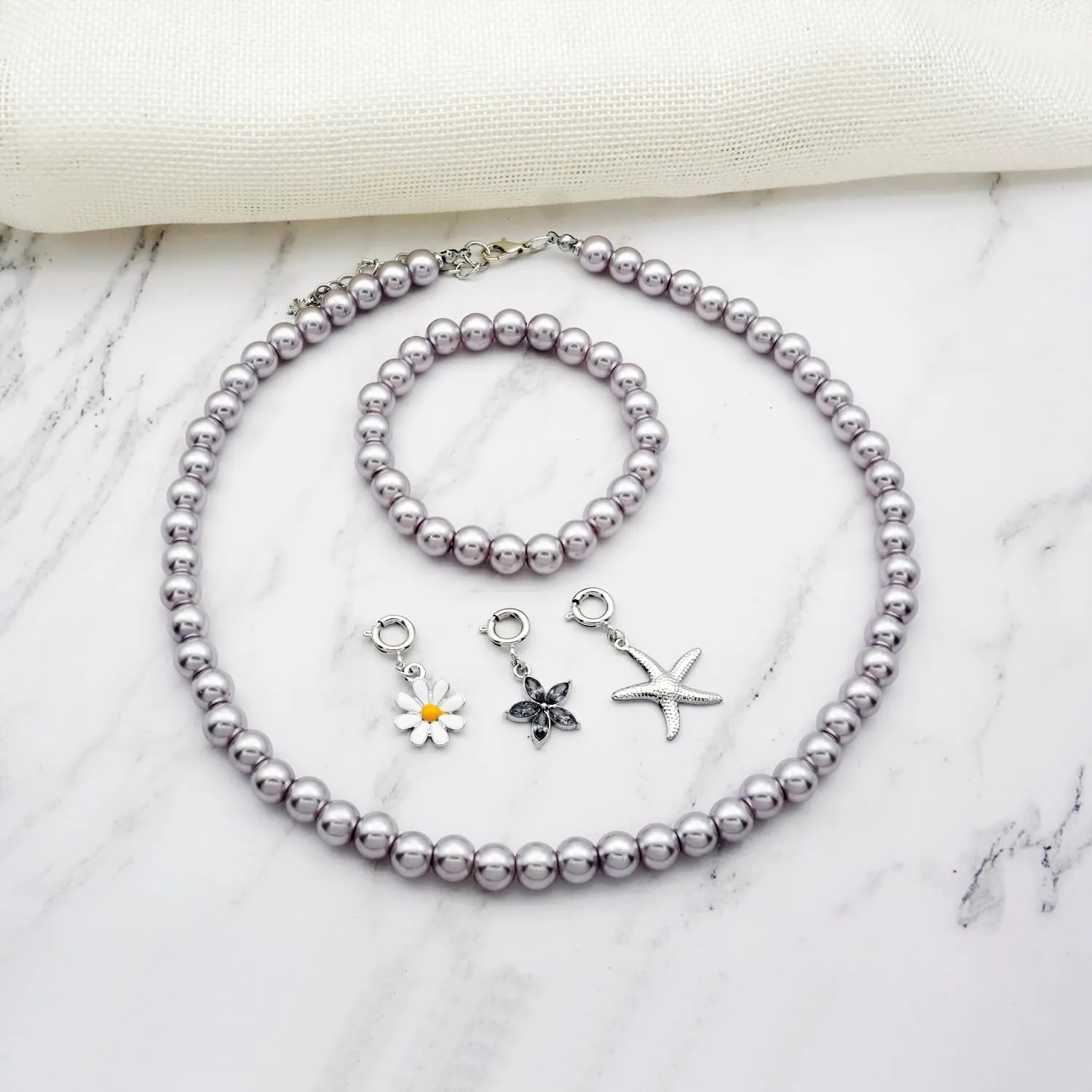 8mm Faux Pearl Necklace Elastic Bracelet Jewelry Set Beige White Pink Fake Pearl Jewelry