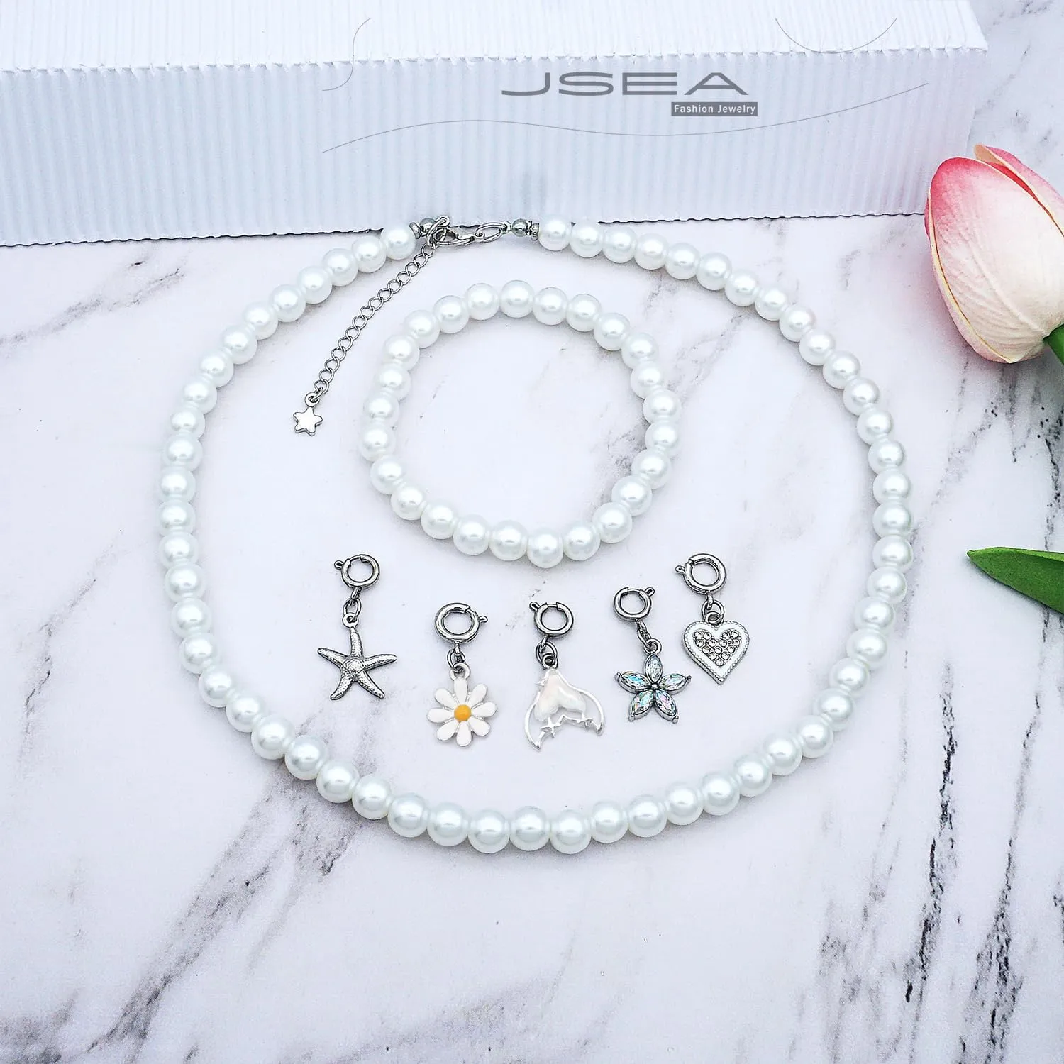 8mm Faux Pearl Necklace Elastic Bracelet Jewelry Set Beige White Pink Fake Pearl Jewelry